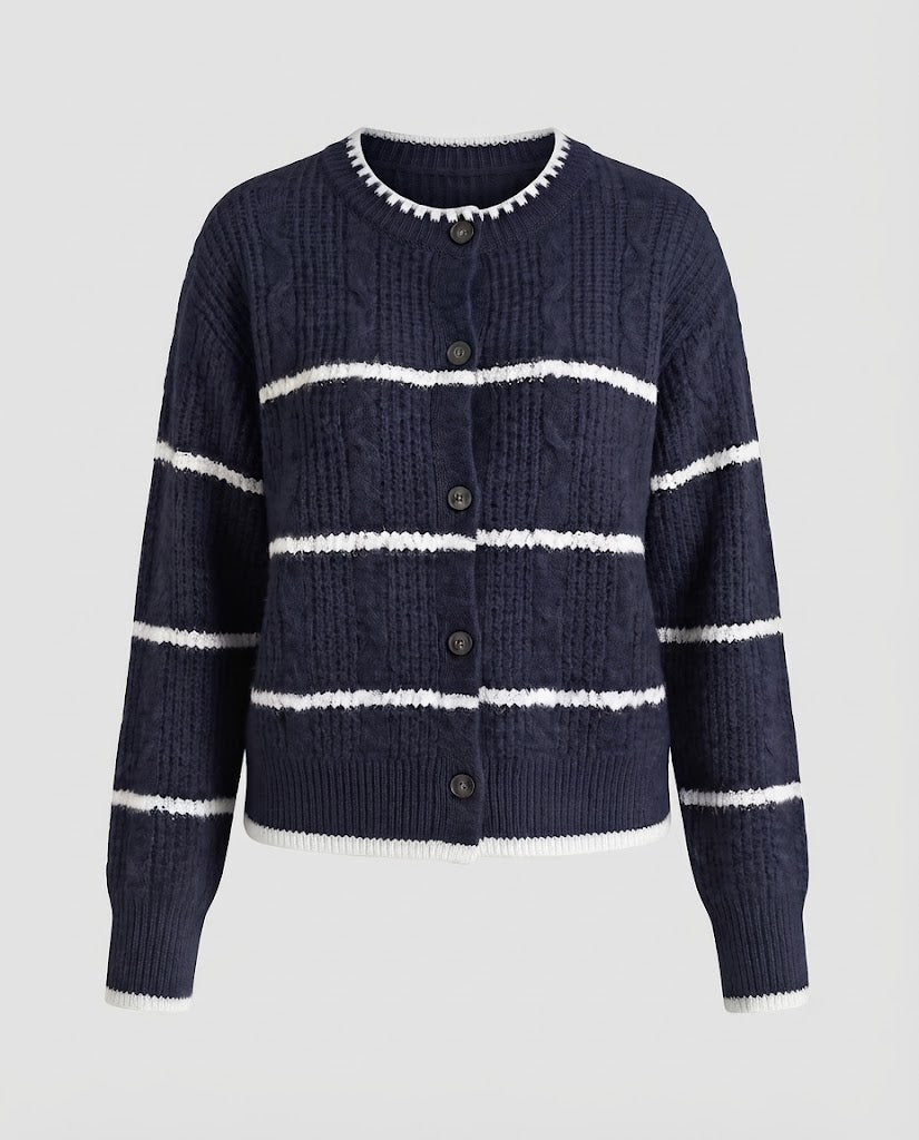 Women's Chunky Knit Button Cardigan with Striped Texture and Round Neckline Shop Velvia