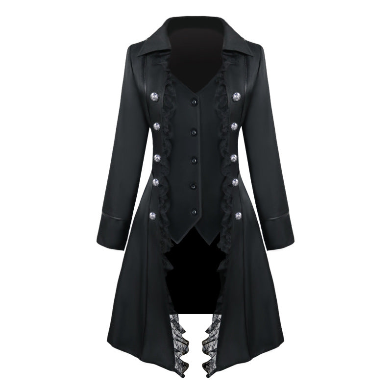 Women tailored evening coat in steampunk style with lace trim and decorative silver buttons Shop Velvia