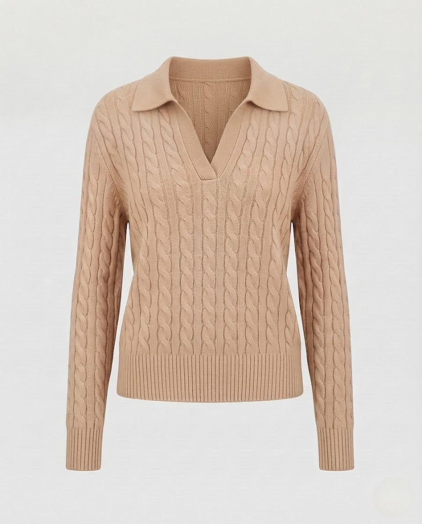 Women's cable knit polo sweater with V-neck and soft fine knit quality Shop Velvia