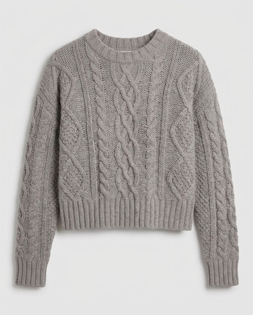 Women Cashmere-Optic Cable Knit Sweater with Cropped Hem and Voluminous Sleeves Shop Velvia