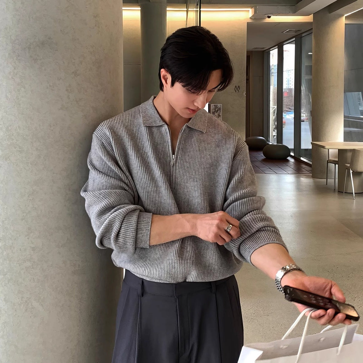 Men's knit sweater with half zip and polo collar