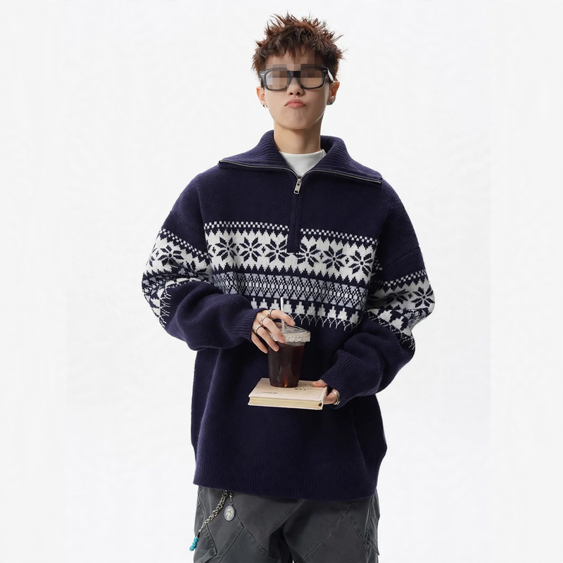 Unisex knitted sweater with stand-up collar and zipper