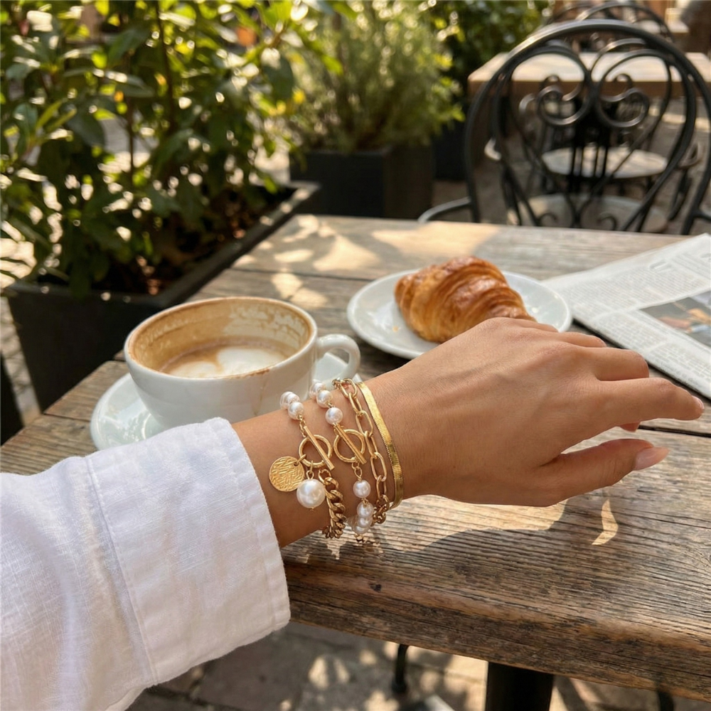 Women's Multi-Strand Bracelet Set with Beads & Chain Elements
