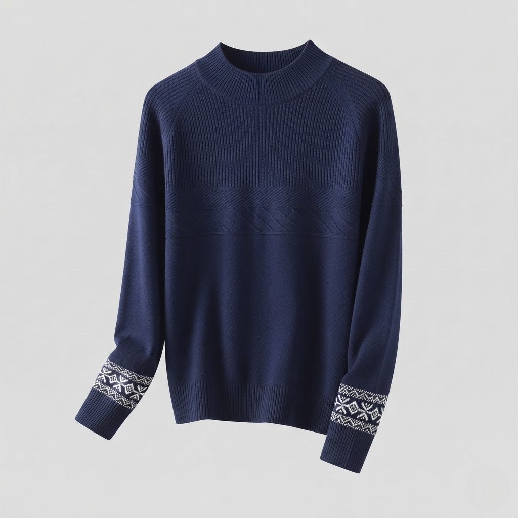 Women's fine-knit pullover with a short stand-up collar, structured yoke and Norwegian motif at the sleeve hem Shop Velvia