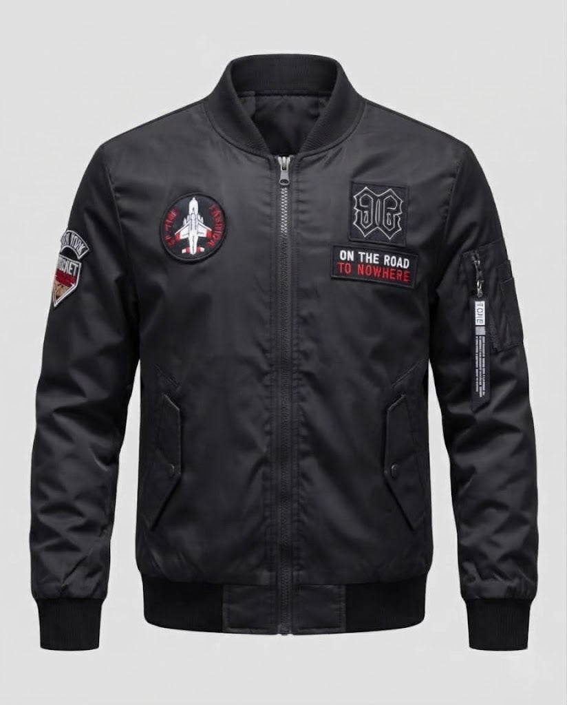 Men's Short Bomber Jacket with Patch Applications, Nylon Outer Material and Quilted Inner Lining Shop Velvia