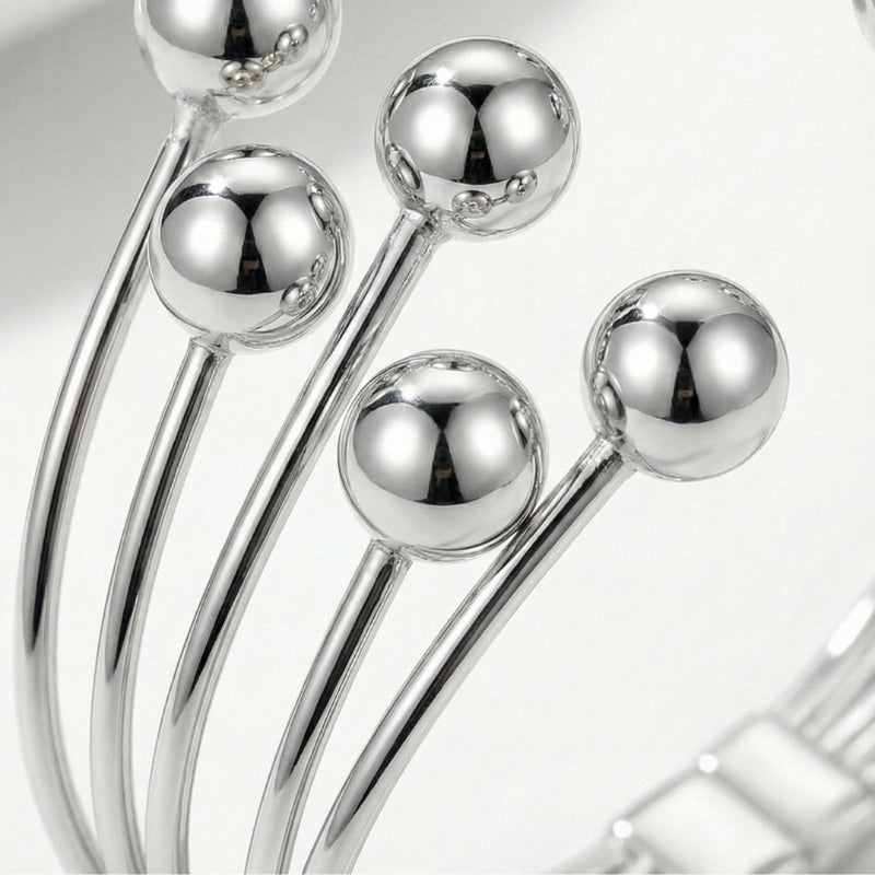 Ladies Open Multi-Strand Bangle with Ball Ends in Silver Look