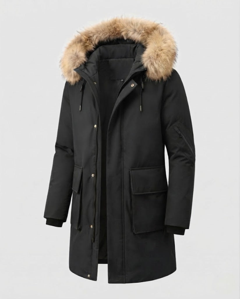 Men's Longer Padded Parka with Hood, Detachable Faux Fur Trim and Multifunctional Pockets Shop Velvia