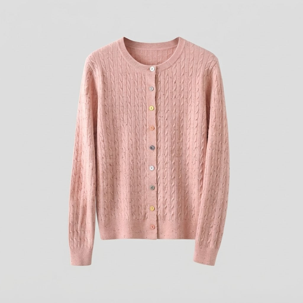 Women's fine knit cardigan with cable pattern and colorful buttons Shop Velvia