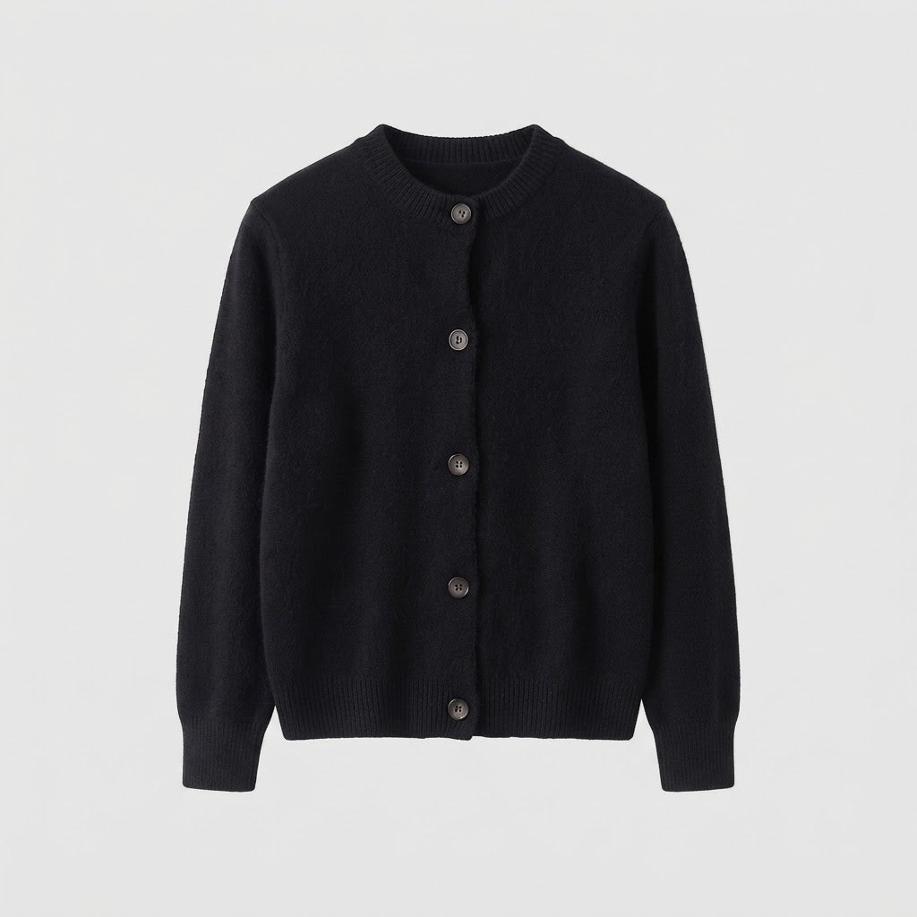 Women's fine-knit short cardigan with round neckline, fine ribbed edge, and subtly tailored silhouette Shop Velvia