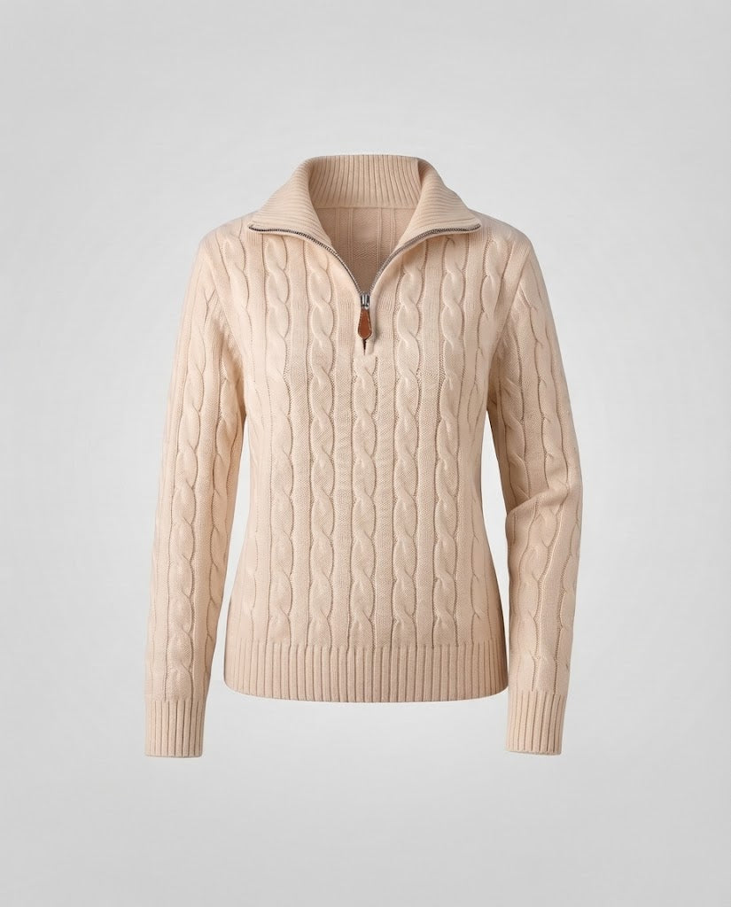 Women's Cable Knit Sweater with Half Zipper and Stand-Up Collar Shop Velvia