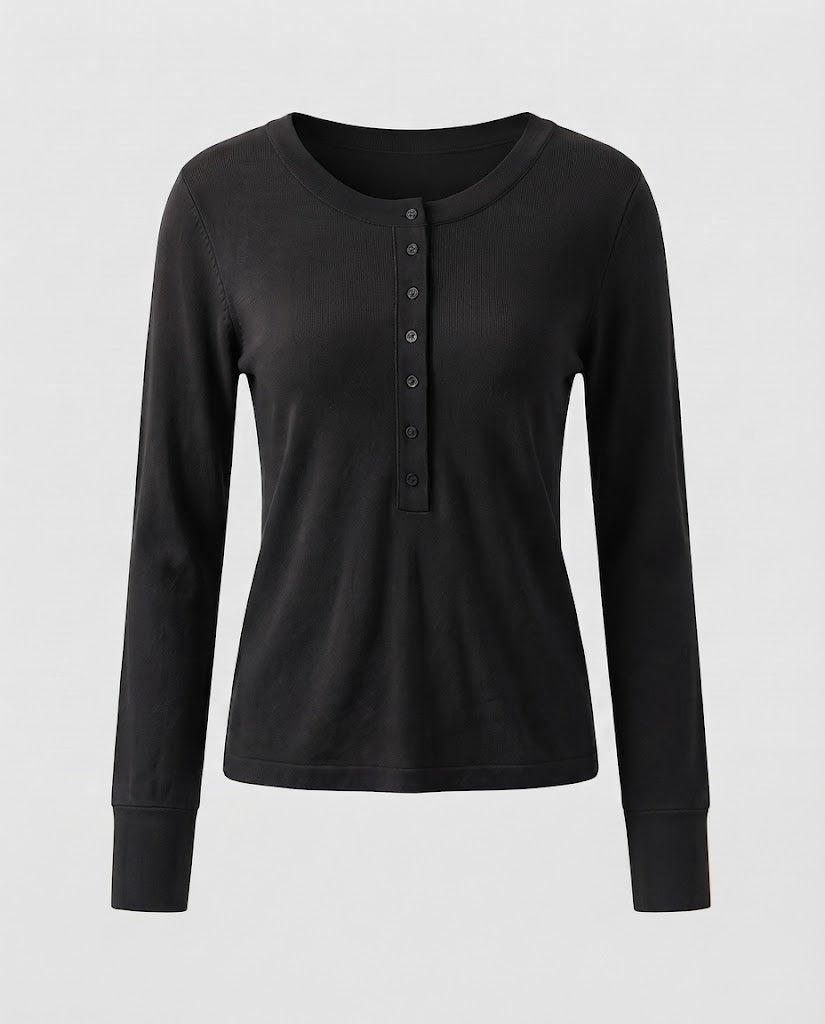 Ladies Fine Long Sleeve Henley made of fine knit with buttonable center placket and slim fit Shop Velvia