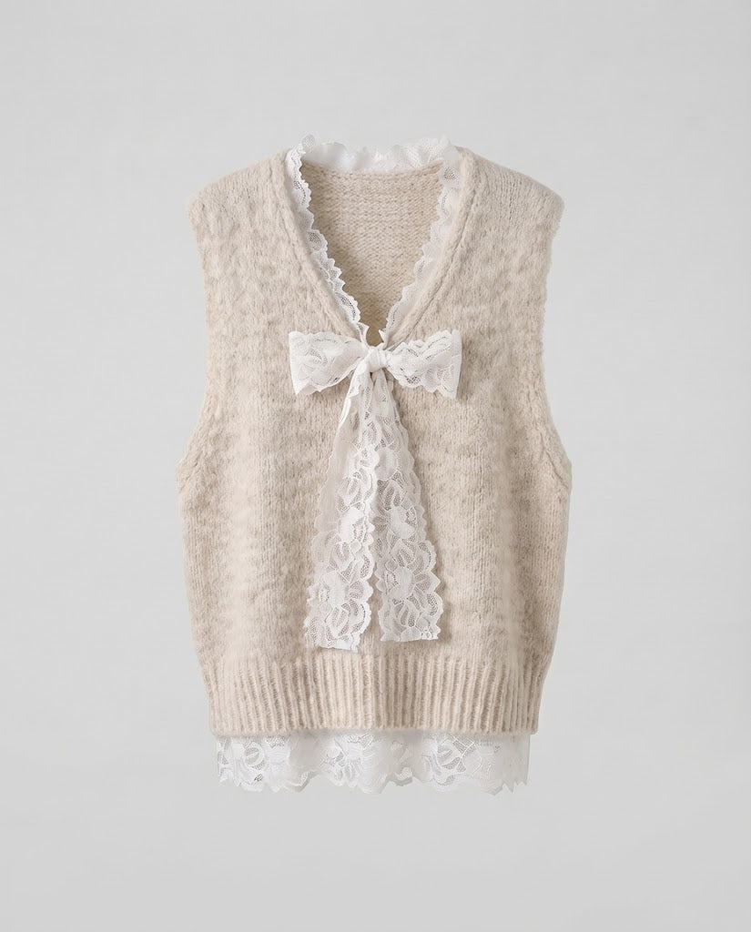 Women's Sleeveless Fleece Vest with Lace Insert and Decorative Bow Brooch Shop Velvia