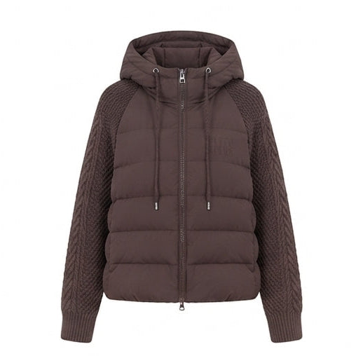 Women's short-cut quilted hybrid jacket with knit sleeves and hood