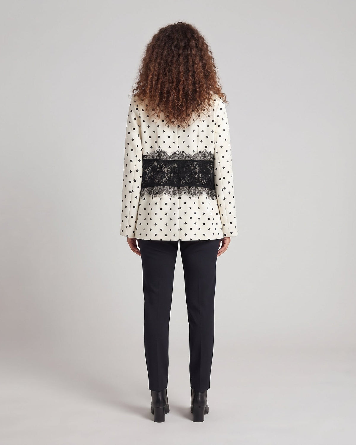 Women's Tailored Blazer with V-Neck, Polka Dot Pattern and Black Lace Corset Insert Shop Velvia