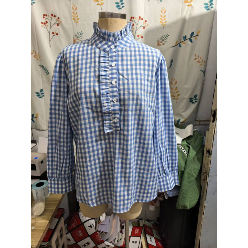 Women Checked Blouse Top with Ruffled Collar and Half Button Placket Shop Velvia