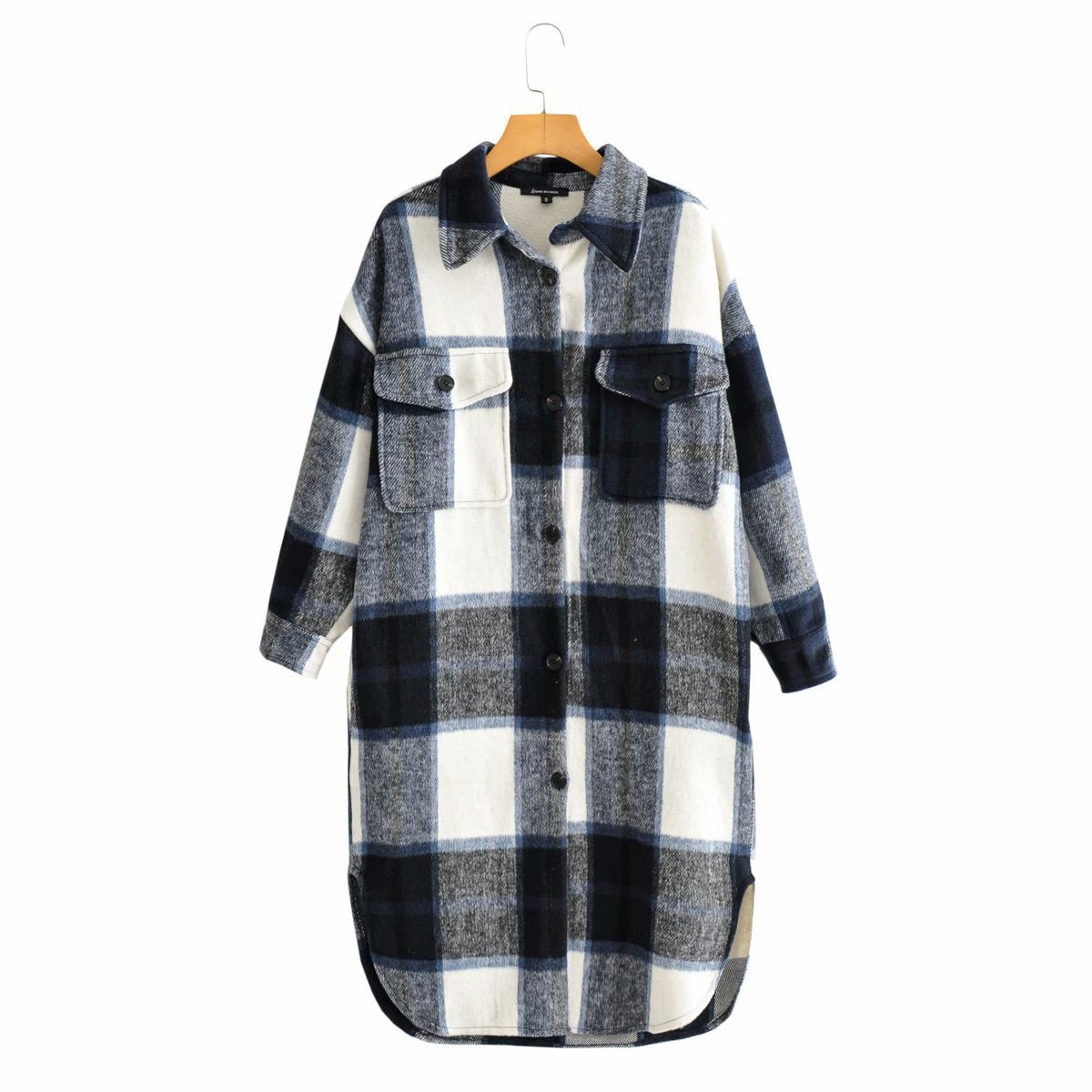 Women's Checked Longline Shacket Coat with Rounded Hem and Patch Breast Pockets Shop Velvia
