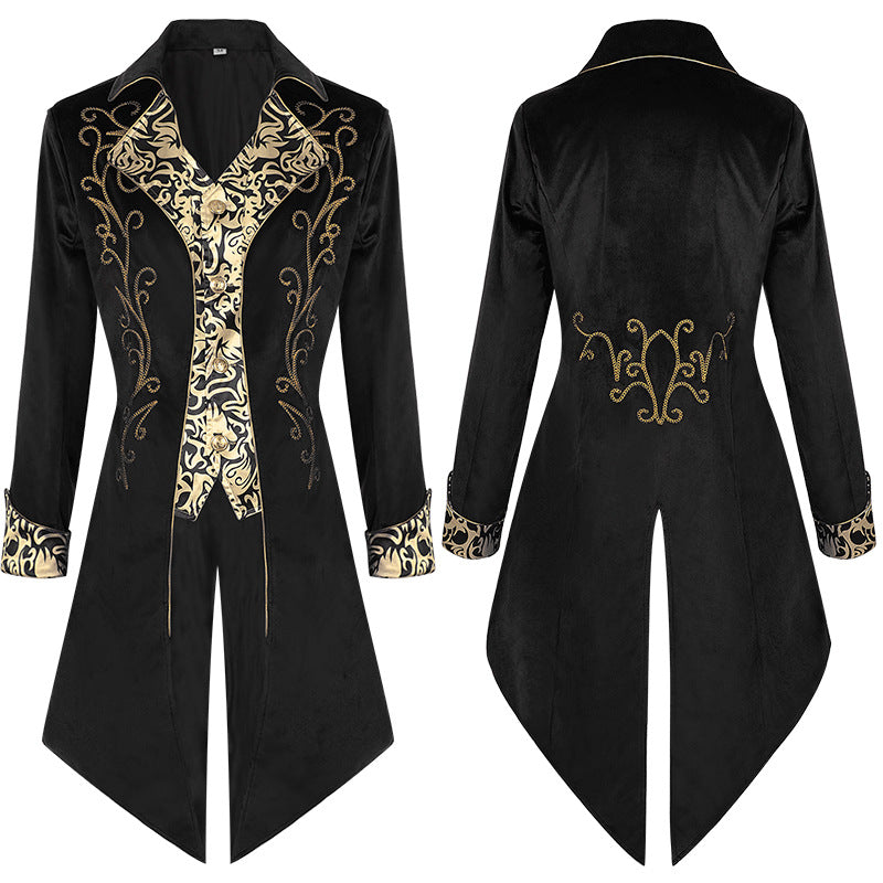 Men's extravagant evening tailcoat in baroque style with gold-embroidered brocade trim Shop Velvia
