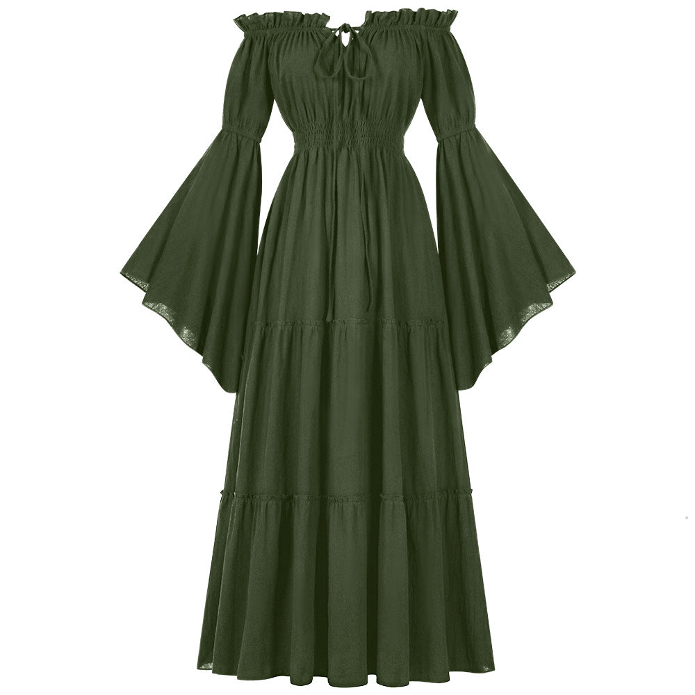 Women's floor-length off-shoulder maxi dress with ruched waist, tiered skirt, and wide trumpet sleeves Shop Velvia