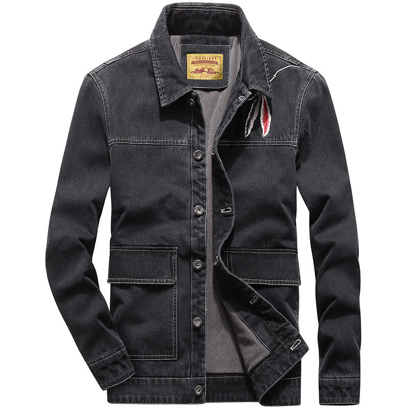 Men's denim jacket with patch pockets and worn effects Shop Velvia