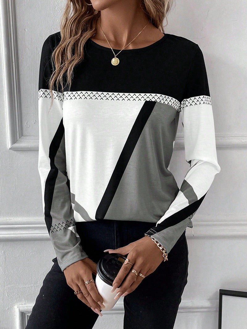 Women's Long Sleeve Shirt with Graphic Colorblock Design and Round Neck Shop Velvia