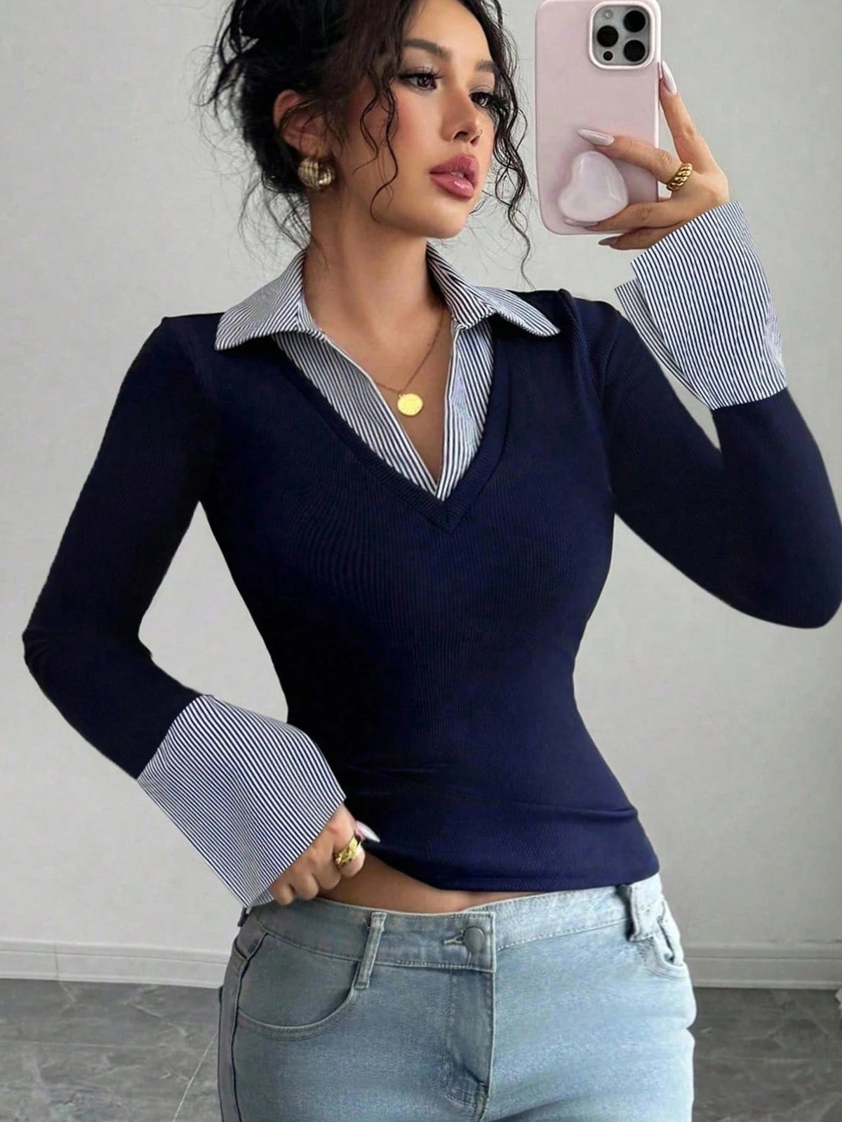 Ladies fine knit sweater with integrated shirt collar and striped cuffs Shop Velvia