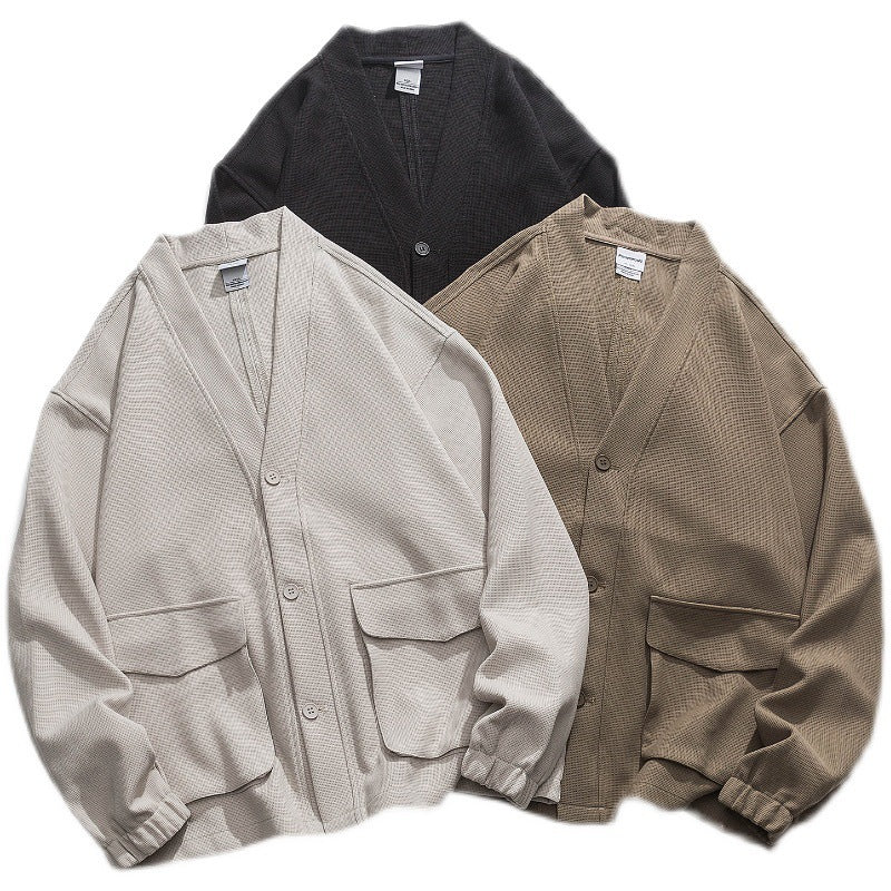 Unisex Oversize cardigan with large flap pockets and waffle texture Shop Velvia