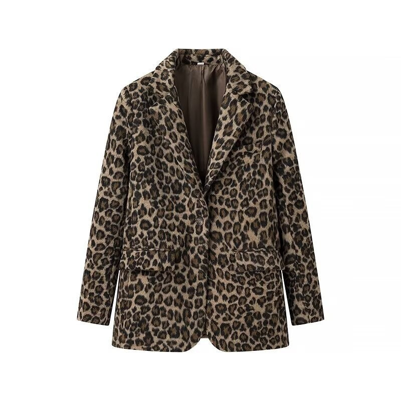 Women's Loose Blazer Coat with Leopard Print and Flap Pockets Shop Velvia