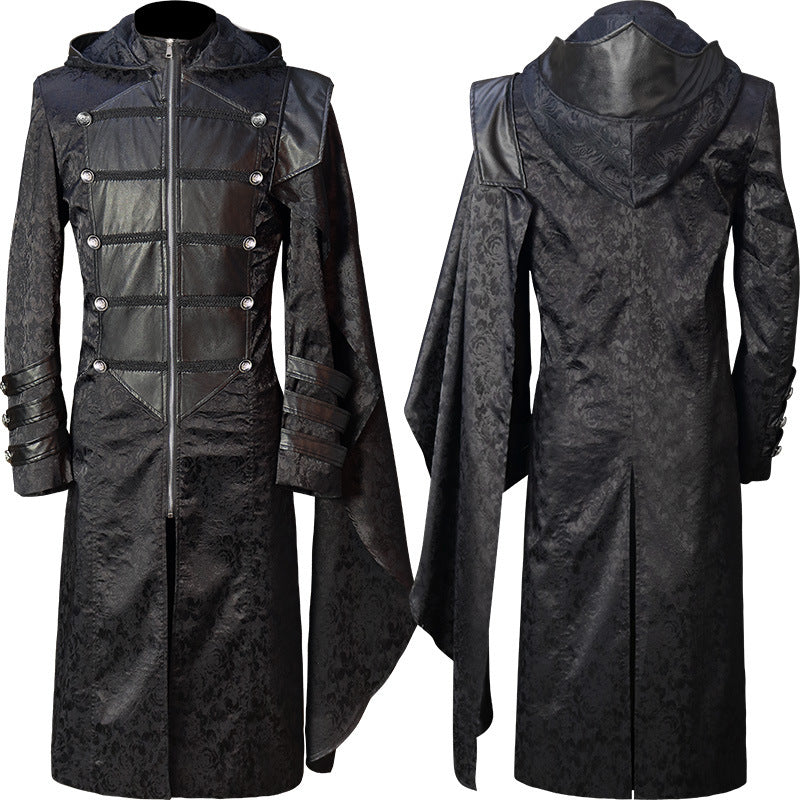 Men's gothic Victorian hooded coat made of brocade with asymmetrical cape shoulder and faux leather details Shop Velvia