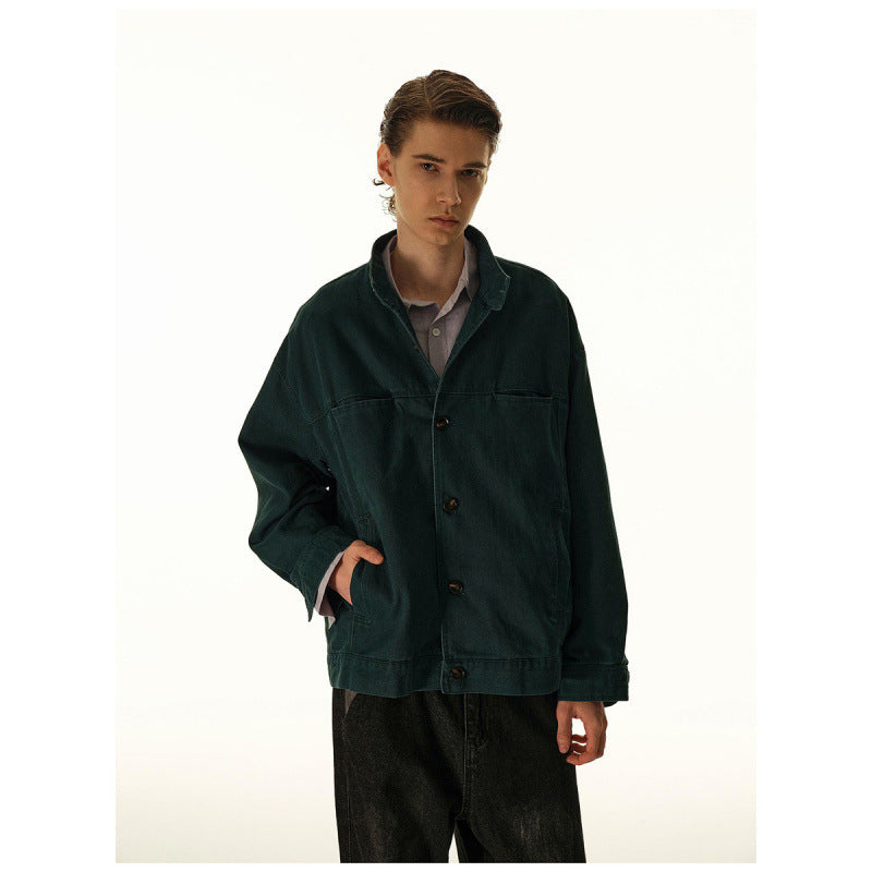 Men's Loose Canvas Overshirt with Stand-Up Collar, Patch Pockets and Distinctive Stitching Details Shop Velvia