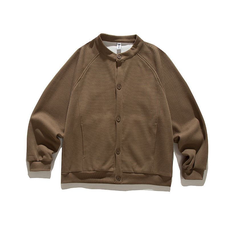 Men's waffle texture bomber-style cardigan with raglan sleeves and button placket Shop Velvia