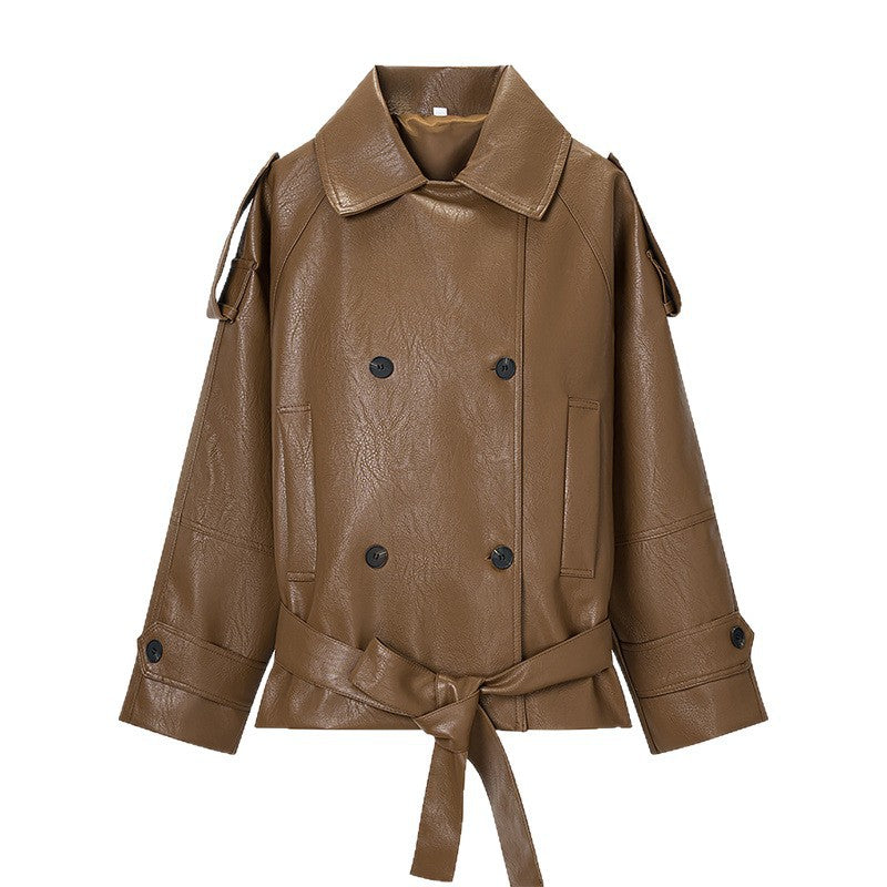 Women Cropped Faux Leather Trench Coat with Waist Belt, Double Breasted and Epaulettes Shop Velvia