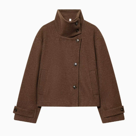 Women's 9800+ short boxy wool blend jacket with high funnel collar, asymmetrical button placket and adjustable cuffs Shop Velvia