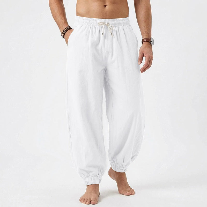 Men's relaxed harem pants made of linen blend with elastic tunnel drawstring waistband and gathered ankle cuffs Shop Velvia