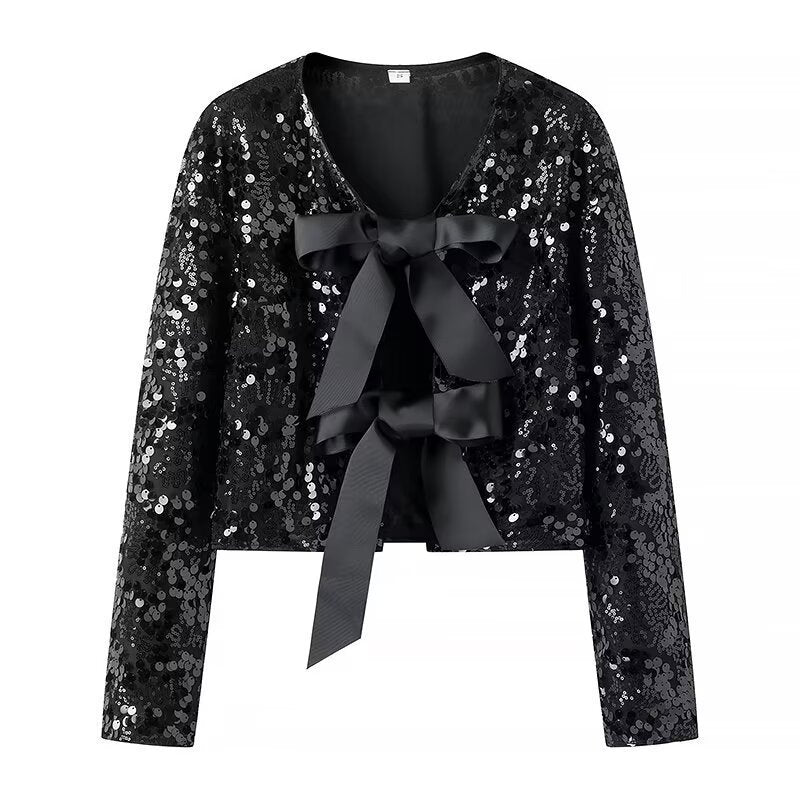 Ladies Short Cut Sequin Jacket with Double Tied Satin Bows Shop Velvia