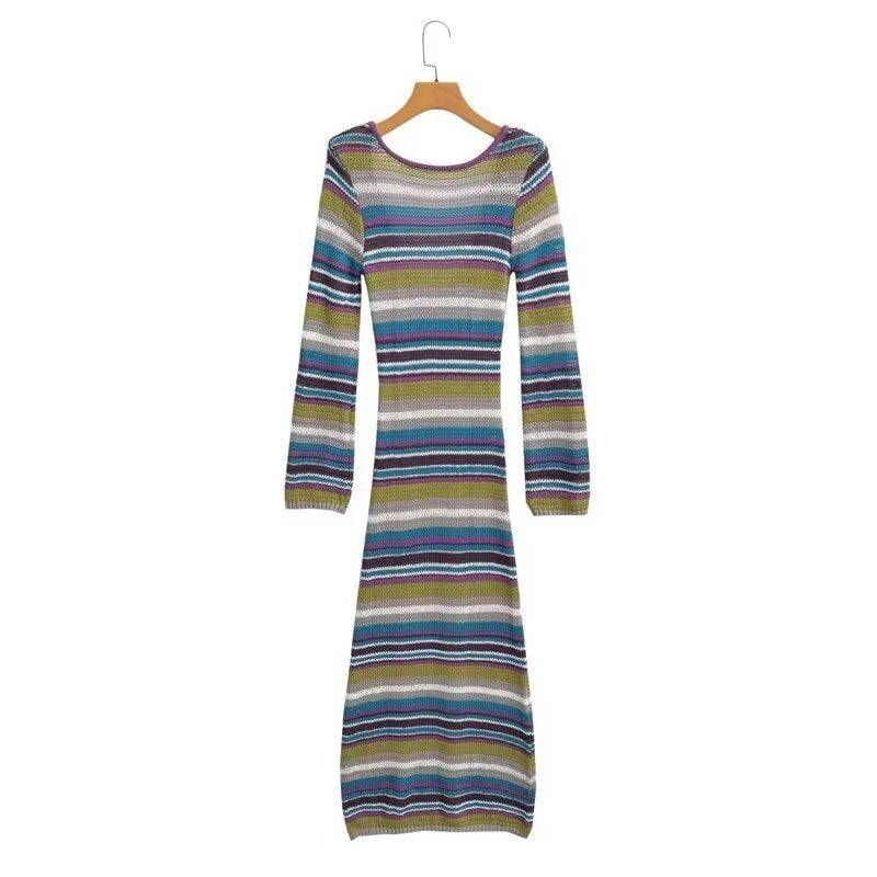 Women's Fitted Fine Knit Midi Dress with Striped Pattern and Round Neckline Shop Velvia