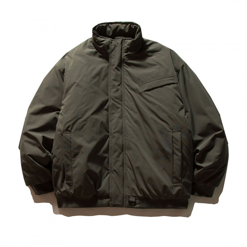 Unisex Boxy-padded transition jacket with high stand-up collar and utility pockets Shop Velvia