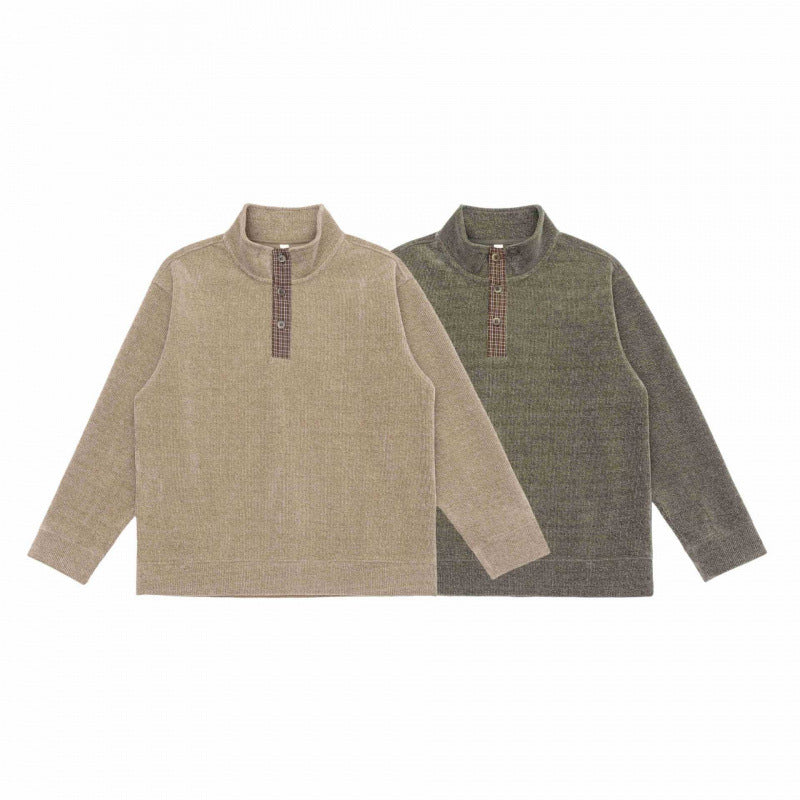 Unisex Boxy Knit Sweater with Half Button Placket and Stand-Up Collar Shop Velvia
