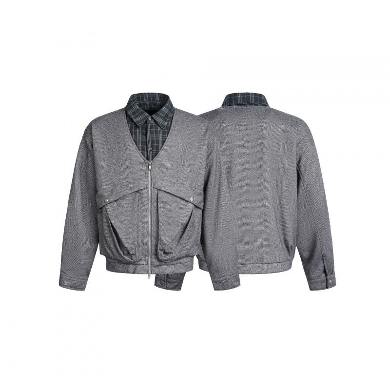 Men's short-cut utility bomber jacket with V-neck, patch pockets, and front zipper Shop Velvia