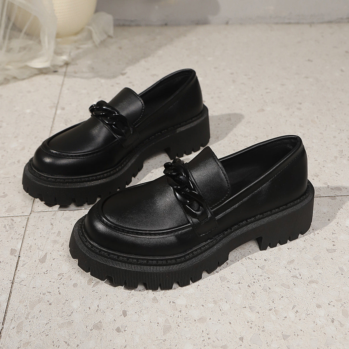 Women Chunky Patent Loafers with Thick Profile Sole and Chain Decoration Shop Velvia