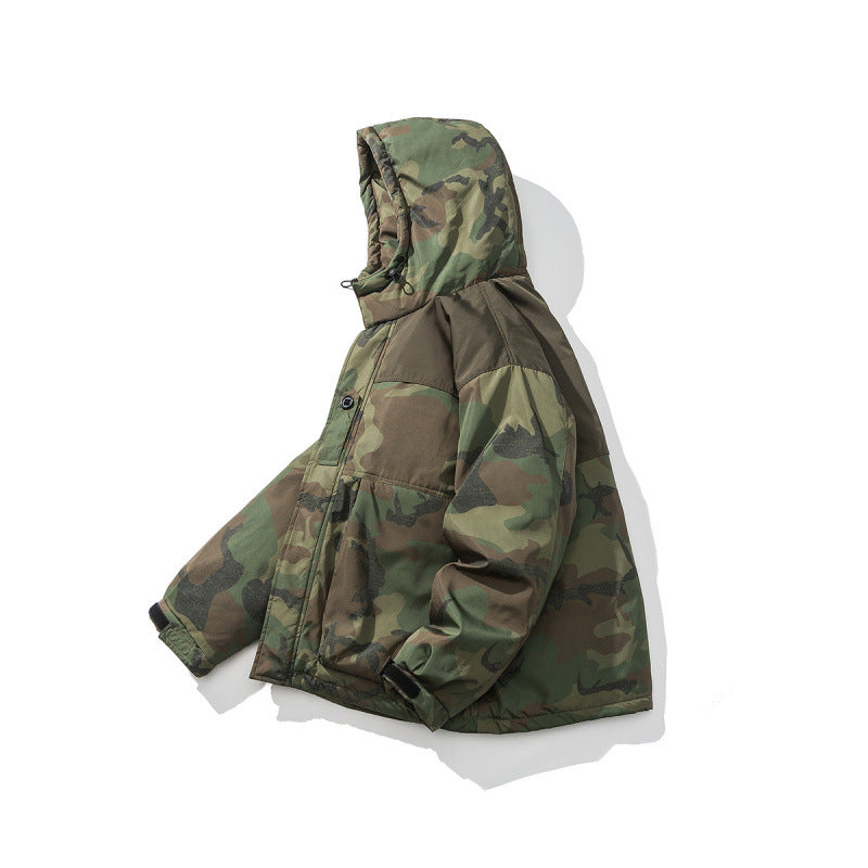 Unisex Boxy-Short-Puffer Jacket in Camouflage-Utility Style with Hood and Concealed Front Placket Shop Velvia