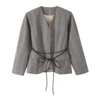 Women tailored glencheck blazer jacket with V-neck and tie waist Shop Velvia