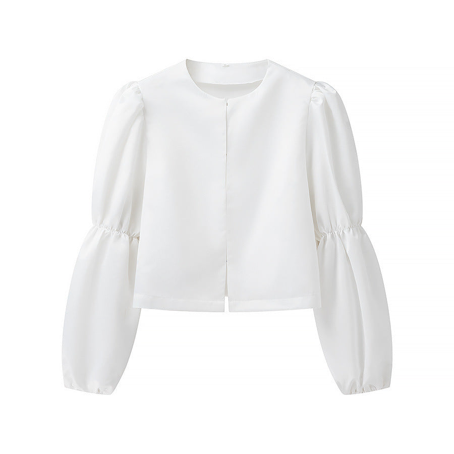 Ladies Glossy Satin Blouse with Voluminous Puff Sleeves Shop Velvia