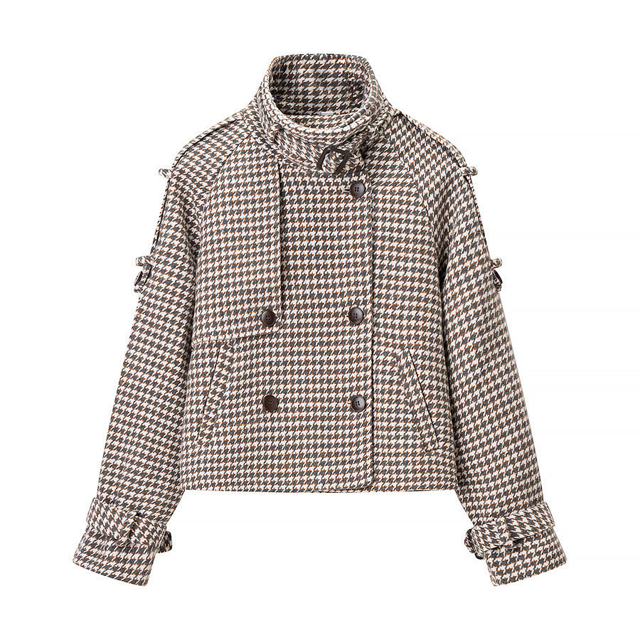 Women's Oversize Houndstooth Coat with Cape Detail, High Stand Collar and Adjustable Cuffs Shop Velvia