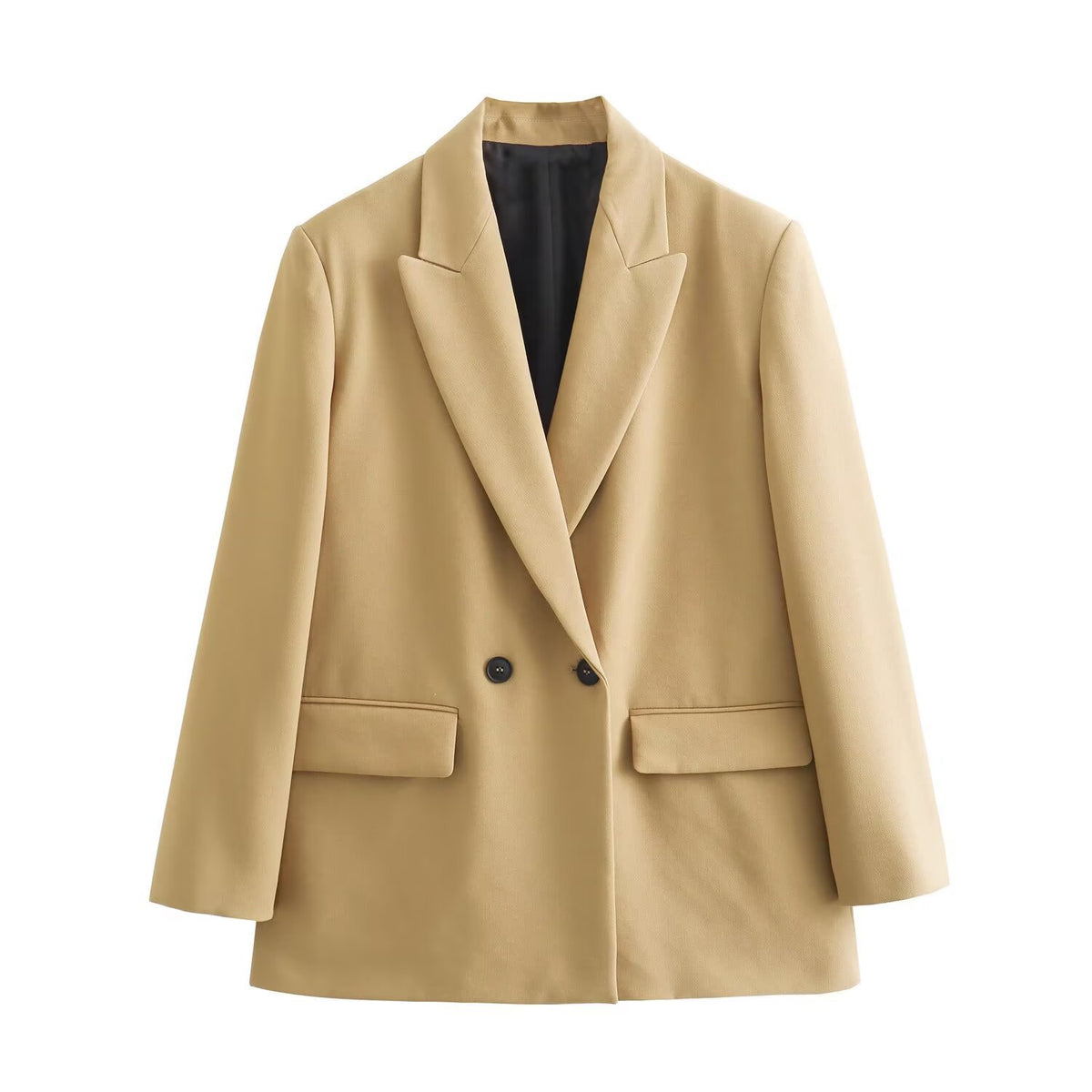 Women's Double-Breasted Blazer with Lapel Collar, Longer Oversized Cut and Flap Pockets Shop Velvia