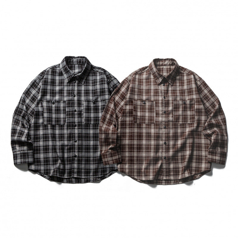 Men's Boxy Flannel Overshirt with Check Pattern, Full Button Placket and Curved Hem Shop Velvia