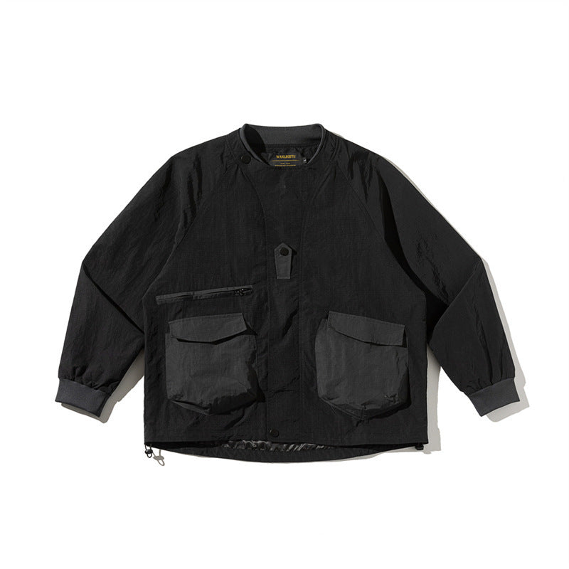 Unisex Lightweight Boxy Field Jacket without Collar with Raglan Sleeves, Patch Flap Pockets and Drawstring Shop Velvia