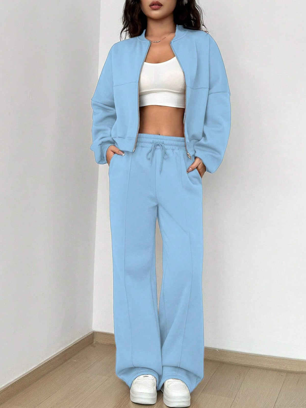 Women's short zip-up hoodie with high-waist wide jogger set Shop Velvia