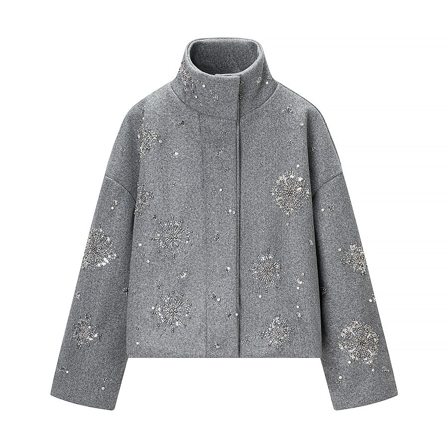 Women's Short Embroidered Wool Blend Boxy Coat with Stand Collar Shop Velvia