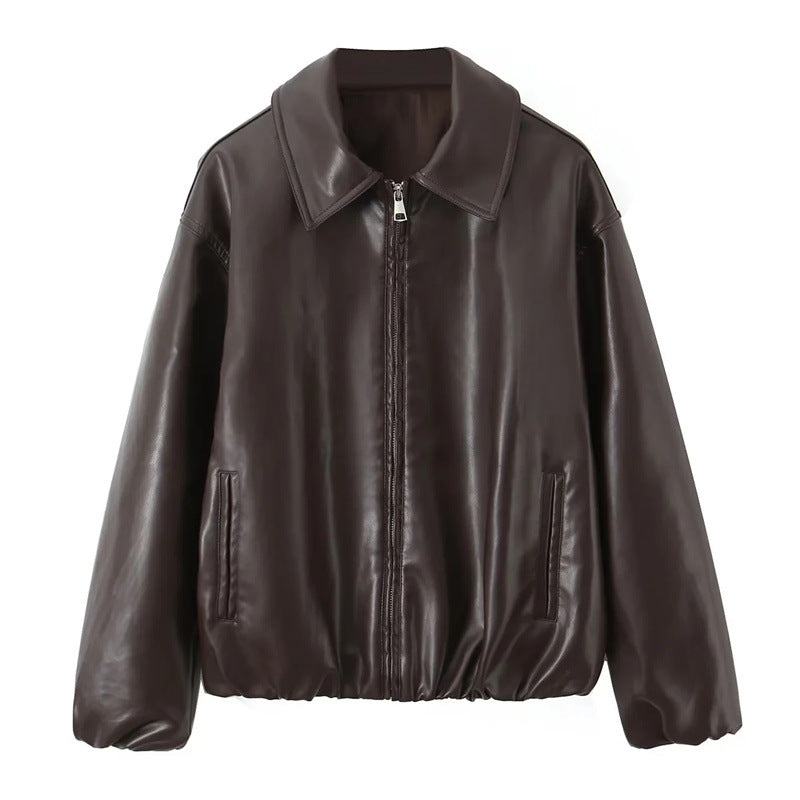 Women's Oversize Faux Leather Bomber with Shirt Collar, Concealed Zipper and Balloon Sleeves Shop Velvia