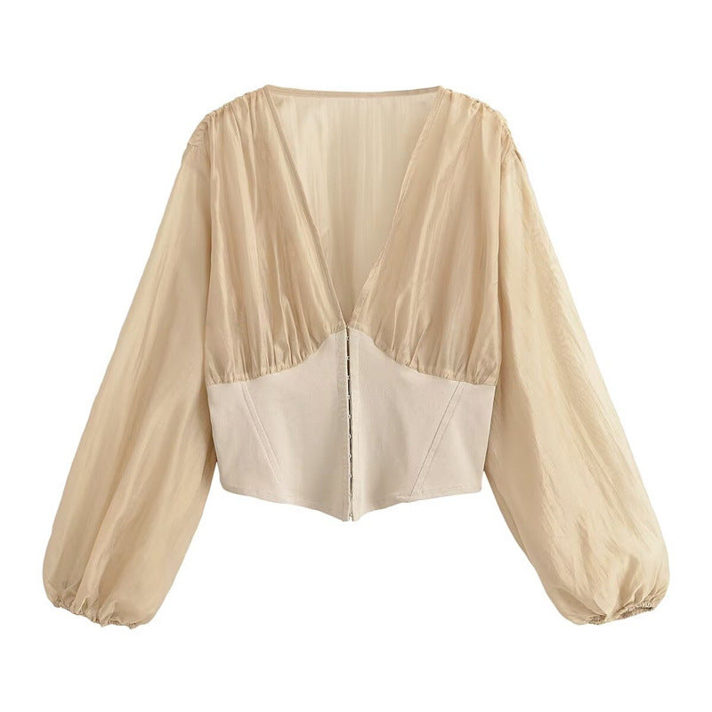 Women's Cropped Chiffon Blouse with Deep V-Neck and Tailored Corset Waist Shop Velvia
